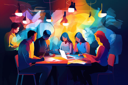 Group of people work together and solving problems. Artistic brainstorming session with a vibrant color scheme and focused lighting. Generative AI, AI.