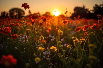 Dusk's Delicate Dance: A Flower Meadow Basking in the Rich Palette of Sunset Skies