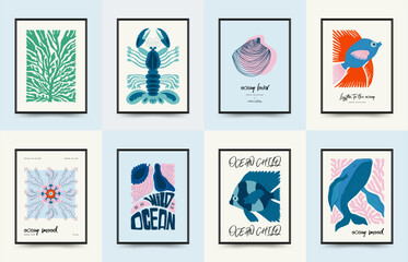 Underwater world, ocean, sea, fish and shells vertical flyer or poster template. Modern trendy Matisse minimal style. Hand drawn design for wallpaper, wall decor, print, postcard