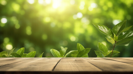 A wooden table with a green leafy background