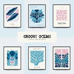 Underwater world, ocean, sea, fish and shells vertical flyer or poster template. Modern trendy Matisse minimal style. Hand drawn design for wallpaper, wall decor, print, postcard