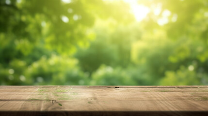 A wooden table with a green leafy background