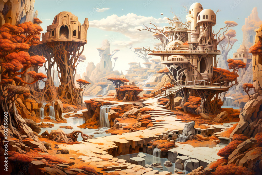 Poster fantasy illustration of surreal buildings surrounded by unusual strange trees or vegetation. created