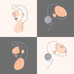 Set of continuous line woman face. Portrait of a beautiful girl drawing one line. Minimalistic abstract beauty poster. Body vector illustration isolated.