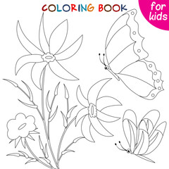 Butterflies collection. Butterflies and big flowers. Coloring book page