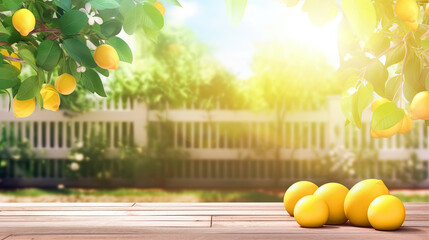 Wooden desk with lemons on nature background, product podium or stand for summer lemonade, generative ai