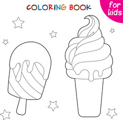 Ice cream in a waffle glass and popsicle. Ice cream collection. Relaxation coloring template.
