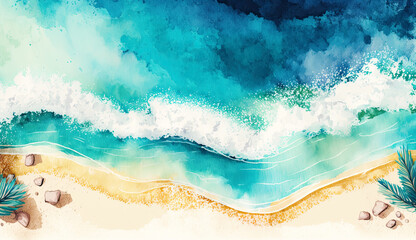 Fototapeta premium Beach and waves from top view. Sea water background from top view. Summer seascape from air. Watercolor illustration. Generative ai