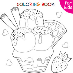 Ice cream with waffle, cinnamon sticks and strawberries. Relaxation coloring template.