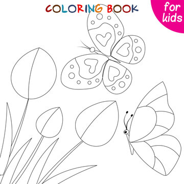 Butterflies collection. Butterflies and tulips. Coloring book page