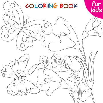 Butterflies collection. Butterflies fly near bluebells. Coloring book page