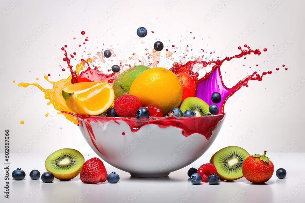Poster a white dish that was overflowing with several types of fruit generative ai