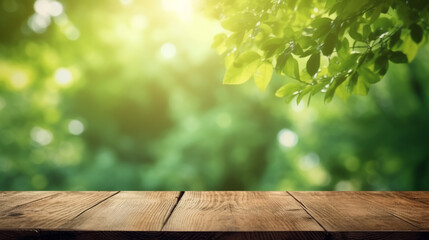 A wooden table with a green leafy background