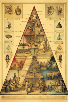 Book cover, background or illustration of a stylized pyramid surrounded by astrology, cabal or esoteric symbols. Created with Generative AI technology.