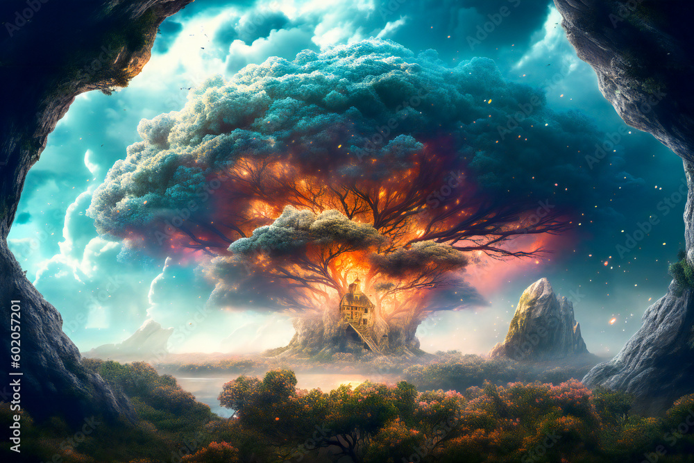 Poster fabulous majestic giant tree on a strange alien planet. created with generative ai technology.