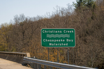 Sign for Christians Creek as it crosses I 64 in Staunton, Virginia. Christians Creek is a tributary...