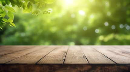 Naklejka na ściany i meble A wooden table with a green leafy background