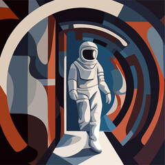 Astronaut exploring Jupiter, Artistic depiction of a space explorer discovering the mysteries of Jupiter in an art deco style vector poster