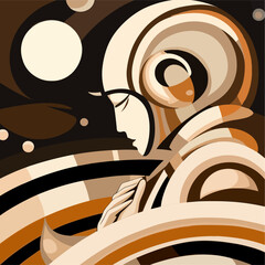 Futuristic astronaut on Saturn, Abstract hand-drawn illustration of an astronaut floating above the colorful clouds of Jupiter in a vector poster format