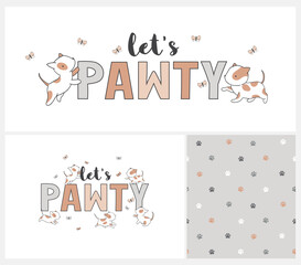 Let's Pawty. Vector Seamless Pattern and Illustration with Cute Hand Drawn White-Brown Little Puppy. Lovely Repeatable Design with Dog Paws on a Light Gray Background. Dog Party Print ideal for Card.