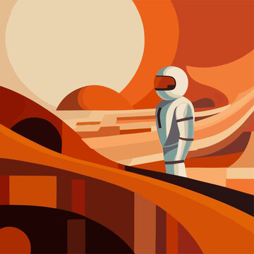 Astronaut floating above Jupiter, Captivating art deco-style illustration of an astronaut suspended in the vibrant atmosphere of Mars, depicted in a vector poster format with abstract hand-drawn el