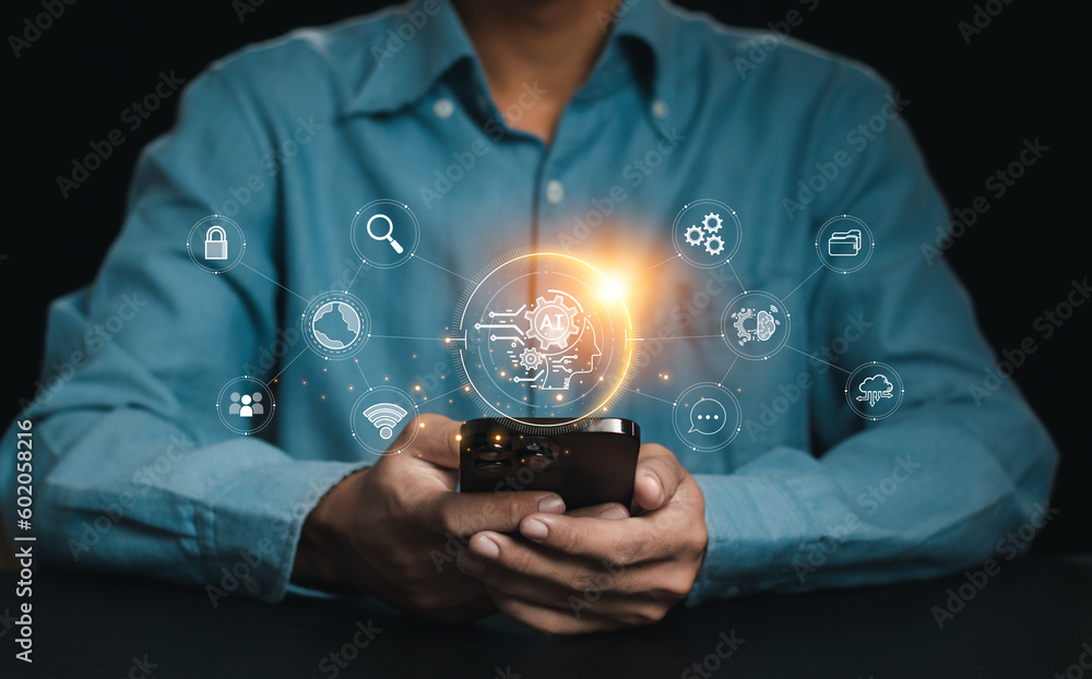 Poster businessman working with artificial intelligence (ai) in futuristic business and software developmen