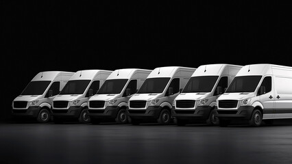 Lined up white delivery vans on an isolated dark background. The concept of fast express delivery. Generative AI