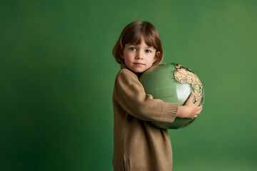 A young child hugging a planet earth model. Protecting environment. Generative ai