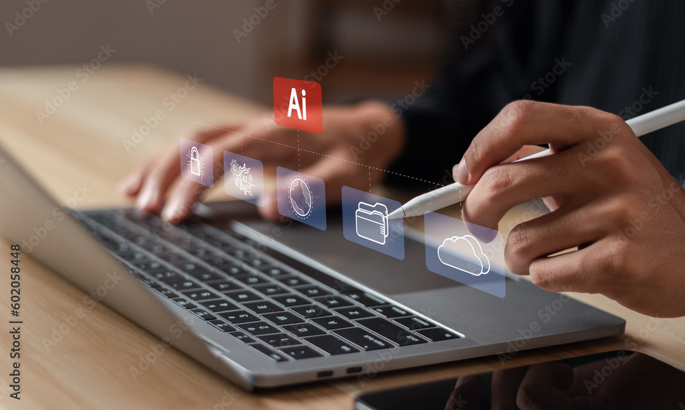 Poster businessman working with artificial intelligence (ai) in futuristic business and software developmen