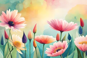 Fototapeta na wymiar Watercolor Flowers: Vibrant and Beautiful Floral Background 