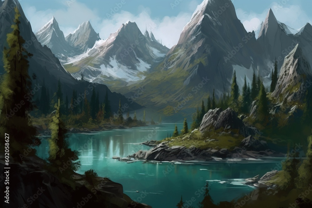 Poster a picture depicting a lake in the mountains that is encircled by pine trees generative ai