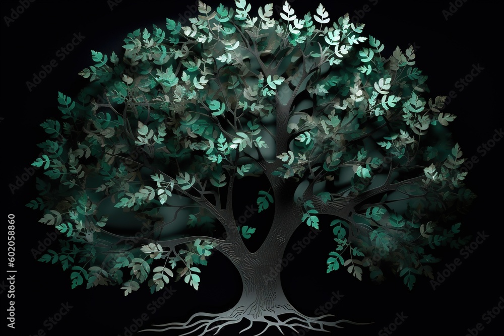 Aufkleber a dark backdrop with a tree shown as having green leaves and root systems. generative ai