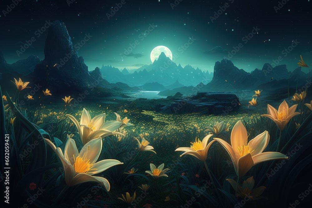Poster a depiction of a nighttime landscape with flowers placed in the front of the image generative ai