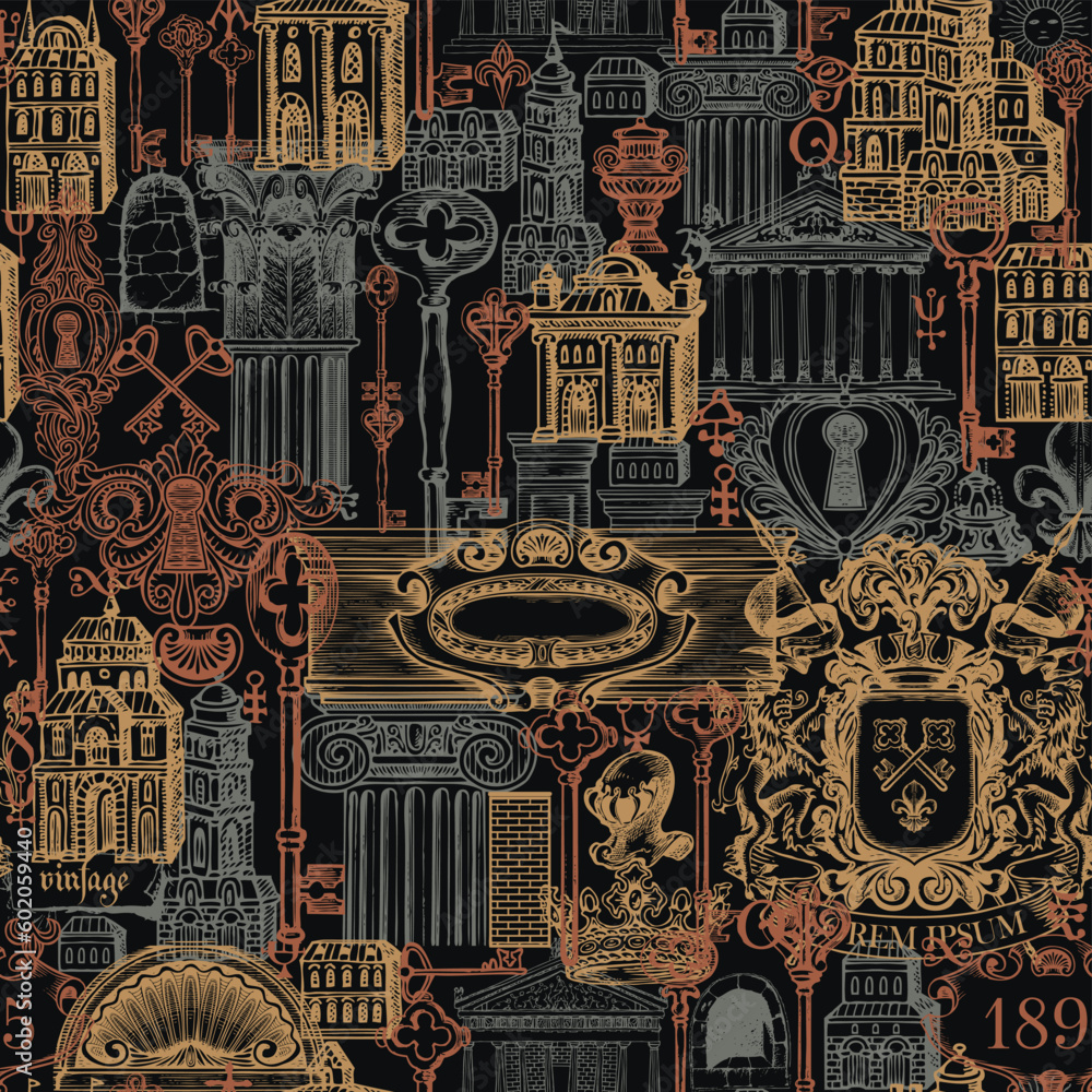 Poster abstract seamless pattern on ancient architecture and art. hand-drawn vector background with vintage