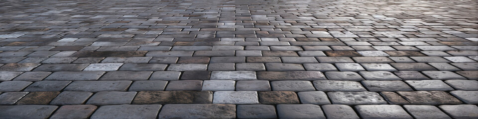 wide horizontal banner with a texture of long rectangular stone tiles, ancient cobblestones generative AI background