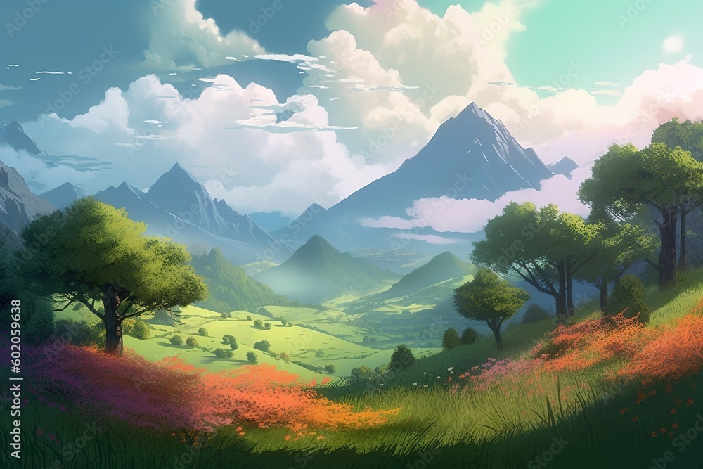Poster a picture depicting a scene in the countryside with hills and forests generative ai
