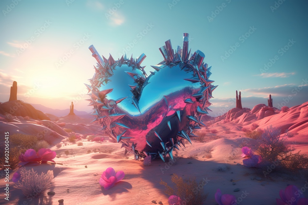 Poster a structure in the form of a heart located in the midst of a desert Generative AI