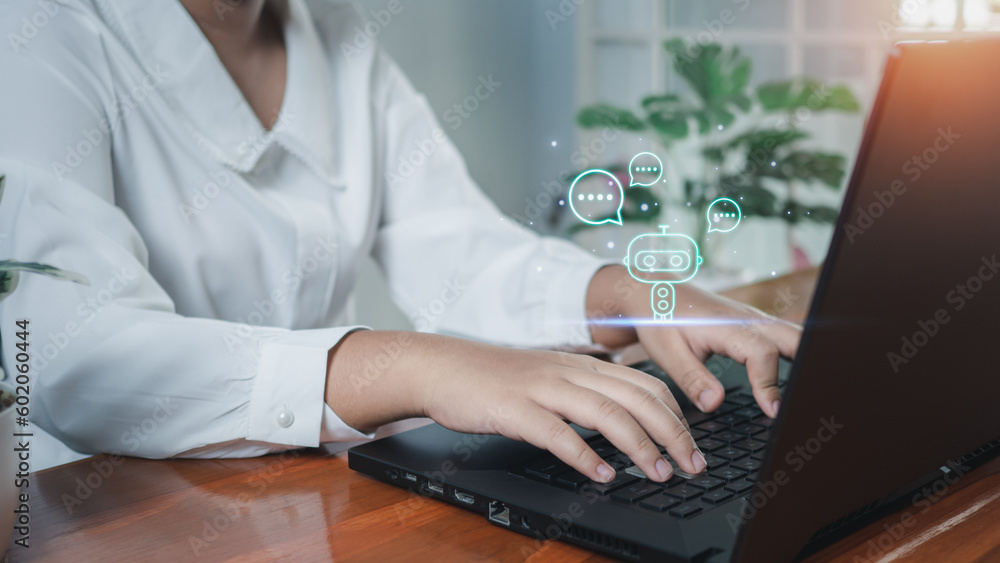 Poster business woman are working and bringing ai to help them work on computers. chat with ai. chat bot .