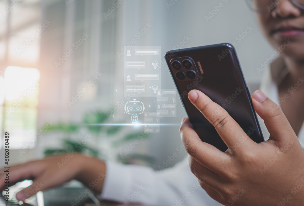 Poster business woman are working and bringing ai to help them work on computers. chat bot. chat with ai