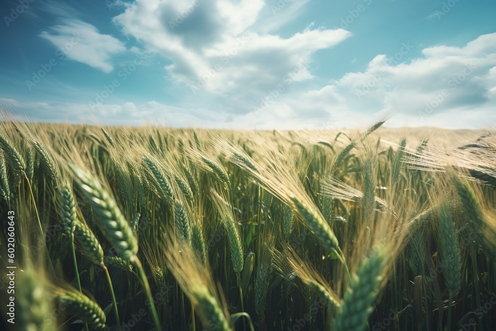 Poster a wheat field with a misty blue sky in the background generative ai