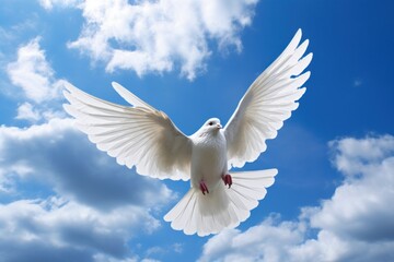 A white dove in flight against a blue sky with fluffy clouds. Generative AI