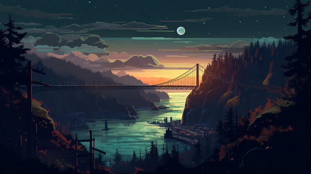 intricate landscape wallpaper with vibrant night colors, video game art, san francisco bridge from above illustration