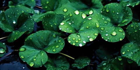 AI Generated. Photo realistic illustration of top view green fresh clover leafes. Irish symbol. AI Generative. Graphic Art