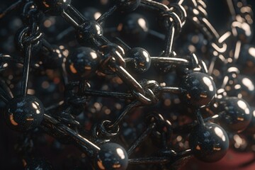 Fototapeta na wymiar Closeup of a molecular structure made up of balls and chains. Generative AI