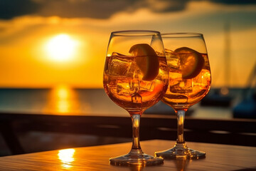 Refreshing summer cocktails at beachside bar with sunset and sea backdrop, generative Ai