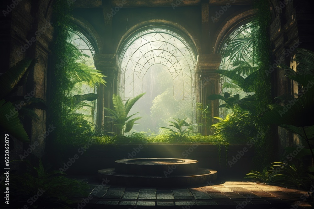 Poster a space that is dominated by the presence of several green vegetation generative ai