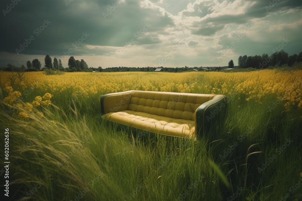 Poster a settee placed in the middle of a thicket of grass. generative ai