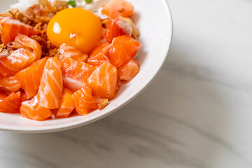 Japanese rice with fresh salmon raw and egg