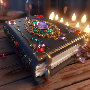a magical magic book in a leather cover studded with precious stones lies on a table in a village house in pixar style, disney style 3d, photorealism, high detail 8k, christmas 