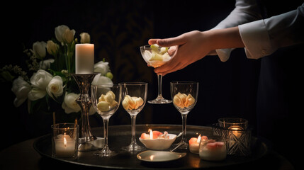 Obraz premium Wedding table with flowers and candles. The waiter's hand is holding a glass of champagne.